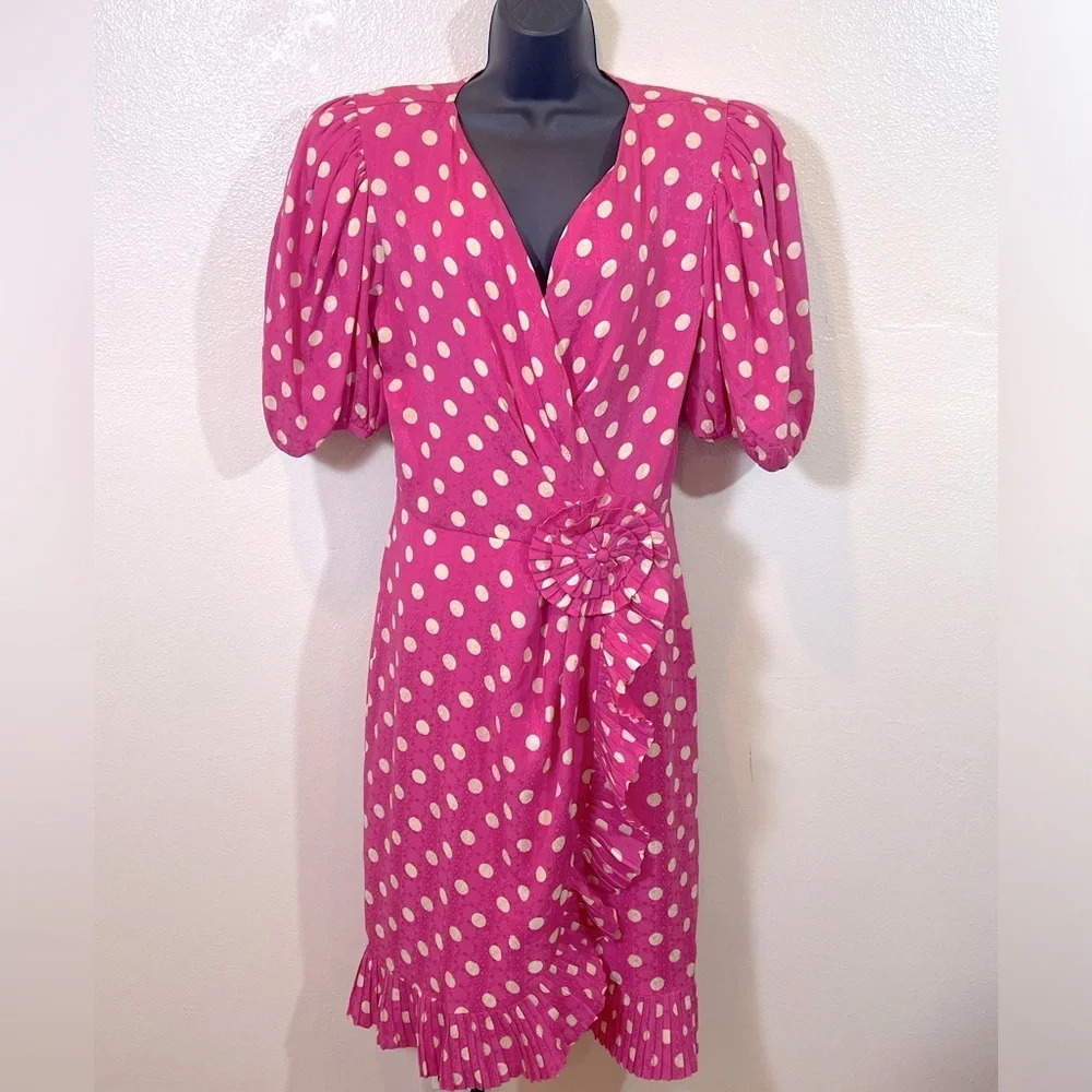 ALBERT NIPON PINK POLKA DOT RUFFLE TRIM DRESS size 12